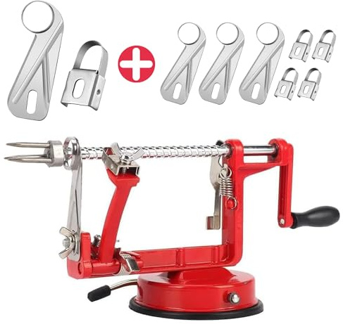 Apple Peeler, Slicer Corer Potato Peelers 3 In 1, Stainless Steel Heavy Duty Suction Cup Base And 7 Extra Blades (Red)