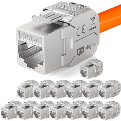 HB-DIGITAL 16x CAT 7 Keystone RJ45 Modul Buchse für starre LAN Kabel 10 Gbit/s AWG 22-24 werkzeuglos LSA vollgeschirmt STP vergoldete Kontakte für Patchpanel Netzwerkdose
