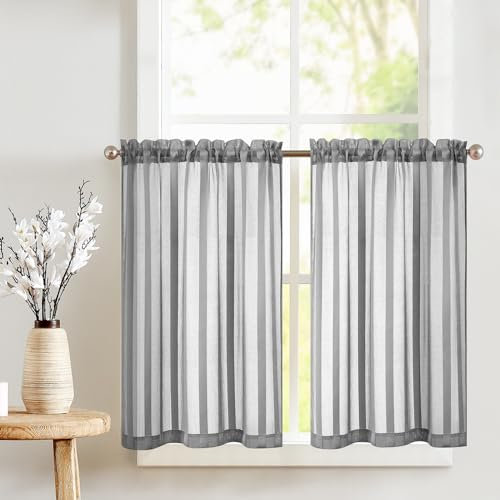 TOPICK Sheer Scheibengardinen Grau H 60 x B 90 (cm) 2er Set mit Tunnelzug Transparent Bistrogadine Landhaus Streifen Voile Küchenvorhang Gestreift Küchengardinen Paarig für Badezimmer Klein Fenster