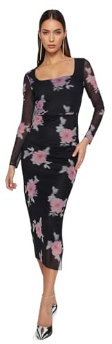 Trendyol Mujeres Floral Maxi Manga Larga Casual Vestido Regular, Negro, XL
