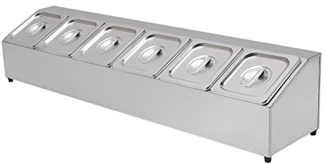 6 Grid Ingredient Containers, Stainless Steel Seasoning Gastronorm Container Compartment Tray, for Restaurants Hot Pot Shops Fruit Shops, 2L x 6, 104 x 22.5 x 22cm