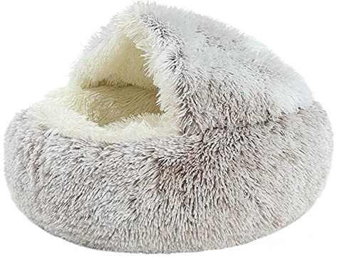 Coussin rond doux et moelleux pour chat - Lit en peluche longue - Sac de couchage - Niche pour chat (40 x 40 cm, gris)