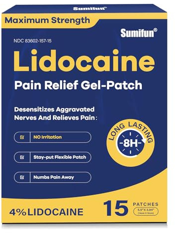 Sumifun 4% Lidocaine Pain Relief Patches 15 Counts Maximum Strength Numbing Gel Patch for Back Knee Neck Joint Ache Muscle Soreness Topical Analgesic