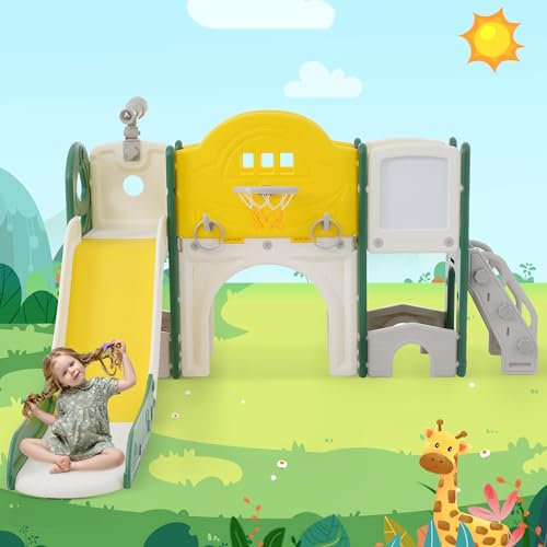 10 in 1 Kinderrutsche Indoor & Outdoor für ab 1-6 Jahr, Kinder Spielplatz mit Rutsche, Klettern, Bohrspiel, Stauraum, Spielkorridor, Basketballkorb, Lasso-Spiel, Reißbrett, Golfspiel, Teleskop (Grün)