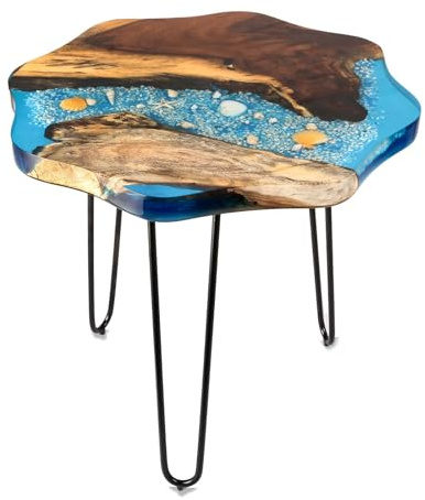 TUZECH Crystal Clear Epoxy Resin Natural Edge Wood end Table, Wood Resin Side Table Hand Made Craft Coffee Table with Hairpin legs-20 inch Tall (Blue Seashell)