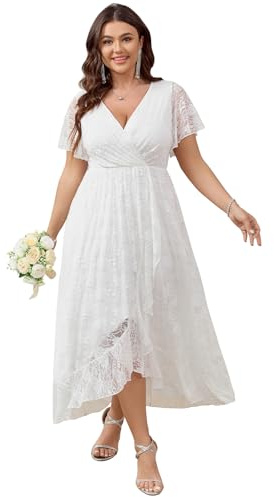 SCOMCHIC Robe d'invité de Mariage Formelle en Dentelle avec col en V et Manches Courtes Taille XL à 4XL, Blanc, XX-Large Plus