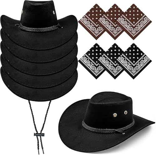 MALLOOM Lot de 6 Chapeau de cowboy avec bandana, chapeau de cowgirl avec cordon de serrage réglable, Noir costume pour adulte, accessoires de fête, chapeau de cowboy pour fête