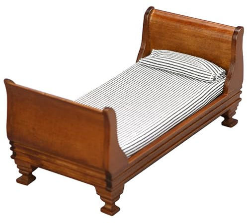 Dollhouse Bed, 1:12 Scale Vintage Single Doll Bed with Mattress & Pillow, 6x3x3 Inch Wooden Dollhouse Furniture, DIY Friendly Miniatures for Scene Accessories Doll
