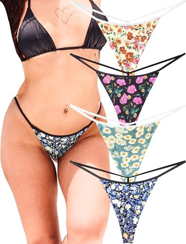 KUKU PANDA Cotton G String Thongs for Women T Back Gstring Underwear Seamless Panties Tangas Sexy 4 Pack Set (Rose Floral, X-Large)