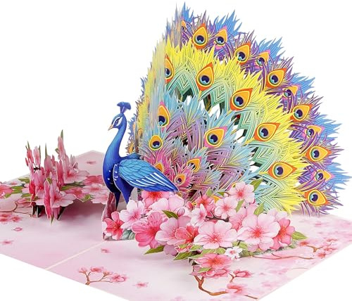 PQ Bees Peacock Birthday Cards for Women, Pop Up Mothers Day Card, 3D Anniversary, Valentines Day, Pop Up Gifts for Her, Him, Wife, Husband, Sister, Mum (Peacock)