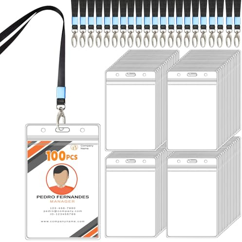 HIMOMO 100 PCS Verticales Porta Tarjetas Colgante, Transparente Tarjetero con Cordón, Funda Tarjeta Identificación Para La Escuela, Oficina, Evento,Conferencias