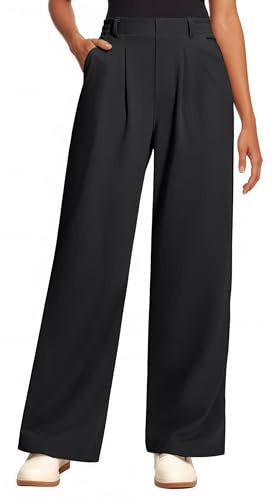 Oyamiki Ladies Trousers Loose Petite Wide Leg Pants Waffle Knit Black Pull on Casual Business High Waist Trousers with Pockets XL