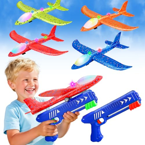 2 Airplane Launcher Toy with 4 Pack Foam Glider Planes (Glider Planes-4)
