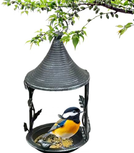 Hozaenwa Distributeur de Nourriture à Oiseaux en Métal - Mangeoires Décoratives avec Toit de Couverture - Mangeoire pour Jardin - pour Balcon Terrasse Arrière-Cour Extérieur