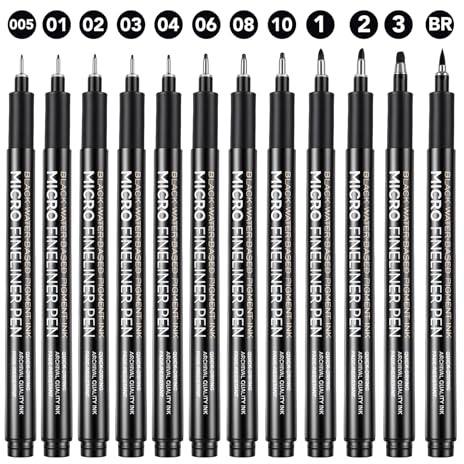 Thboxes Rotuladores fineliner negros, 12 unidades, 0,2-3 mm, resistentes al agua | Tinta de secado rápido, 12 anchos de punta, líneas claras, funda de metal, tapa de clip para bocetos, diario y dibujo