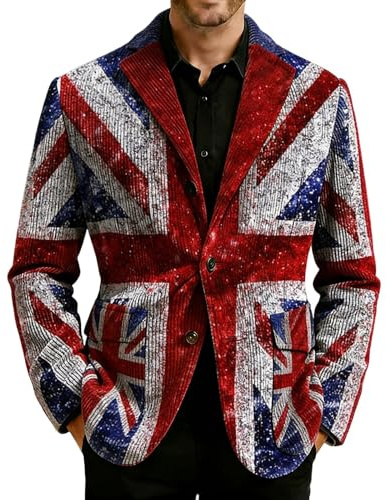 Munweiyu Cord Union Jack Jacket Men's Regular Fit Corduroy British Flag Blazer UK Flag Print Blazer Jacket England Suit Jacket United Kingdom UK Suit Jacket UK Flag Jackets Vintage Suit Jackets, 01