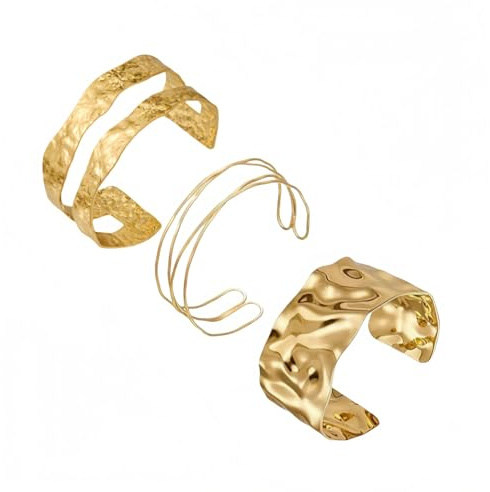 YCZCHE14 Bracciale Rigido in oro Traforato 3 Pezzi Versione Larga Goldene Bracciale Rigido Donna Bracciale Braccio Superiore Avvolgente Regolabile Stile Bohemien Per Donne E Ragazze(Dorato)