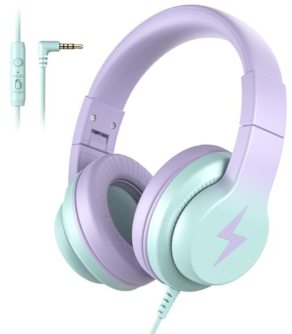 Candy Bila Auriculares para niños, plegables con cable para niños, sobre la oreja, con micrófono, volumen seguro de 85/94 dB, auriculares para niños pequeños, para escuela, viajes, iPad, tableta