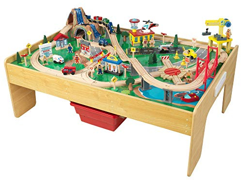 KidKraft Adventure Town Railway Wooden Train Set & Table with EZ Kraft Assembly™ with 120 Accessories and Storage Bins, Gift for Ages 3+