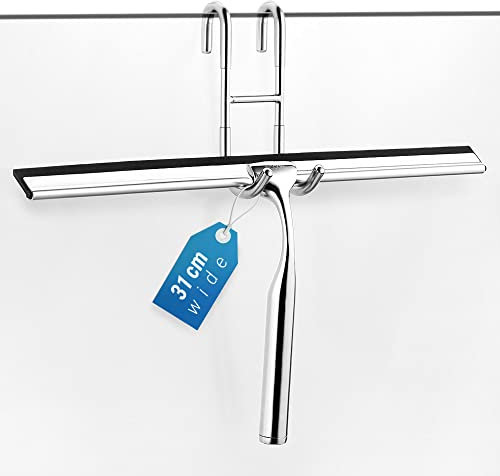 ecooe Edelstahl Duschwischer verlängert 31cm Duschabzieher Ohne Bohren Fensterabzieher mit Wandaufhänger Badezimmerwischer 2 Ersatzlippe Silikon Duschabzieher für Spiegel Fenster Glasreinigung