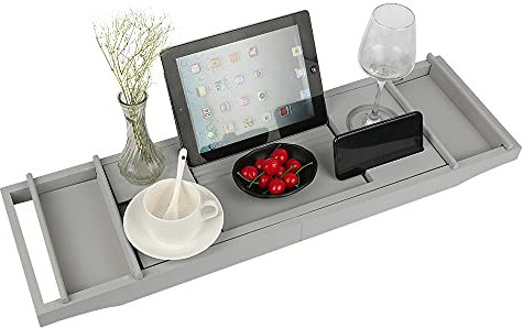 Pont de Baignoire Extensible en Bambou, Plateau Baignoire Expérience de Spa, Support Intégré pour Livre et Tablette, Accessoire Baignoire Stable et Robuste, Extensible 70-105 CM (Gris)