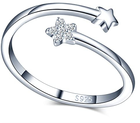 MICGIGI Anillo abierto de plata de ley 925 para mujer con doble estrella, anillo ajustable con circonitas, Plata
