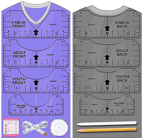 Vowlove Tshirt Ruler Guide Vinyl Alignment - T Shirt Measure Ruler Guide Shirt Measurement Centering Tool Heat Press Screen Printing Embroidery Accessories Sublimation Blanks Product V-Neck Front Back