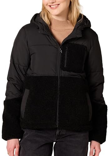 Amazon Essentials Women's Full-Zip Sherpa Fleece Hooded Puffer Jacket, Black, Small