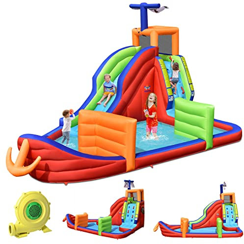 GOPLUS Château Gonflable Bateau Pirate, Aire de Jeux Gonflable Aquatique avec Zone d’Escalade, Toboggan, Pistolets à Eau,Accessoires Riches,pour Jardin,Cour,Plage 460x310x290cm avec souffleur 680W