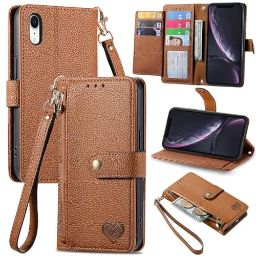 VEEMOS Zipper Wallet Case for Apple iPhone XR Phone Case with Purse Card Holders RFID Blocking Leather Flip Case Book Cover Wrist Strap Women - Brown