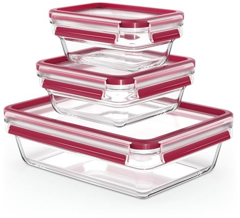 Tefal Lot de 3 Boîtes de conservation en verre, 2 rectangulaires 0,45 L et 2 L + 1 carrée 0,8 L, Conservation des aliments, Empilable, Compatible four et congélateur, Masterseal Fresh N1050910