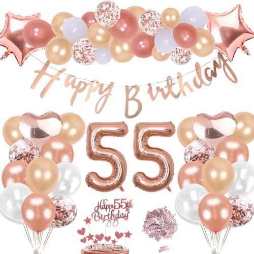 55 Cumpleaños Decoración Oro Rosa Kit Para Niña, Inflables Estrellas Corazón Numeros Gigantes Helio Globos Feliz Cumpleaños Decoración de la Torta Confeti Mesa Regalo Para 55 Años Mujer Hombre Fiesta