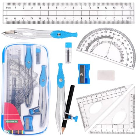 10-teiliges Geometrieset mit Mathe-Zirkel für Schüler, Mathematik-Transporteur-Zirkel mit Lineal, Kasten mit Transporteur-Set für Schulbedarf und Schule, Schwarz.