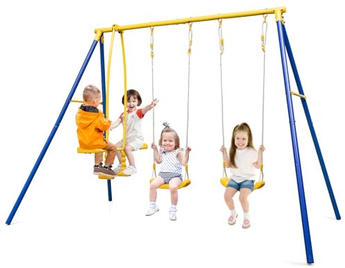 GYMAX Kids Swing Set, Metal Swing A-Frame with Swings and Glider, Outdoor Children Playground Playset for Garden(2 in 1: 267 x 152 x 195cm)