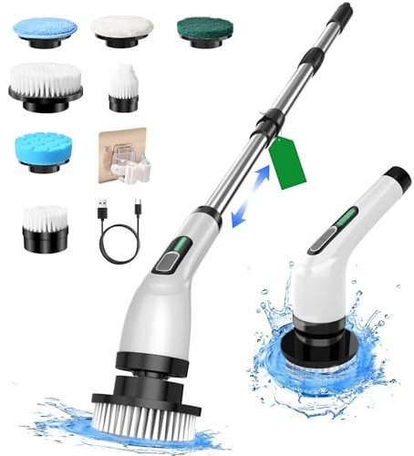 Elektrische Reinigungsbürste Haushalt, Electric Cleaning Brush IPX7 Wasserdicht mit 7 Austauschbaren Bohrköpfen,25-140cm Verstellbarem Griff für Bad, Küche, Auto, Fußboden, Bis zu 120 Min Laufzeit