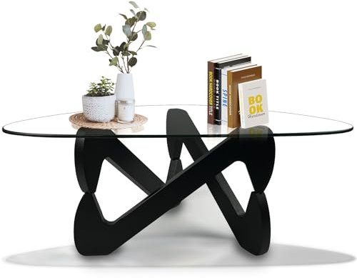 GESEILAY Couchtisch Glas Dreieckiger Durchsichtig Couchtische Wohnzimmer Modern Wohnzimmertisch mit Schwarz Holz Füße Ausgefallene Glastisch Couch (Black-Transparent, 82)