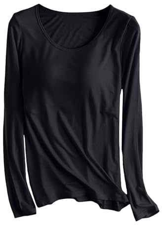 XIANUOJI Soutien-Gorge pour Femmes, T-Shirt de Base avec Soutien-Gorge intégré, Manches Longues, sans Coutures, col Rond Chemise de Nuit (Noir, L)