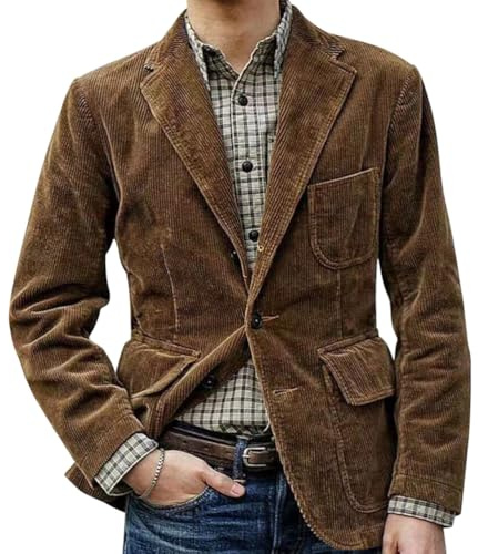 Oanviso Veste Vintage en Velours Côtelé pour Homme Coupe Ajustée Blazer à 2 Boutons Jacket Veste De Costume à Revers avec Bouton Veste A-Brun XXL