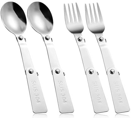 4 PCS Foldable Fork and Spoon Set,Tableware for Outdoors Travel Camping Replacement Utensils,Stainless Steel Folding Spoon and Fork,Camping Spoon Compatible with Thermos Funtainer 16oz Food Jar