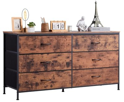 VEVOR Kommode mit 6 Schubladen, TV-Ständer mit Stauraum, Schrankschubladen mit stabilem Stahlrahmen, Stoff-Aufbewahrungsturm für Schlafzimmer Flur Schrank, rustikales Braun