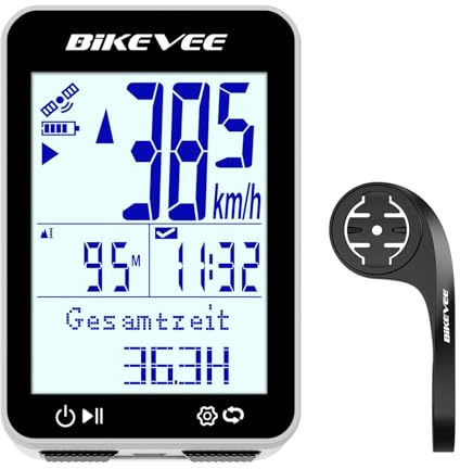 Bikevee Wireless GPS Bike Computer 2.4 Display Altitude Speed Distance Backlight IPX7 Waterproof for Road MTB Cycling - Out Front Extended Mount(White)