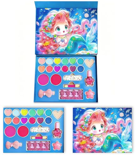 Aomig Set de Maquillaje para Niño, Kit de Maquillaje para Niñas Lavable, Juego de Maquillaje La Sirenita Seguro y No Tóxico, Set de Maquillaje Niñas para Navidad Regalo