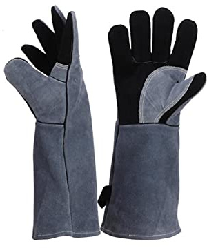 Gants de 40 cm chaleur/feu résistant aux gants manipulation en cuir, golves jardin for soudage four grill/UN BARBECUE, Gris-noir