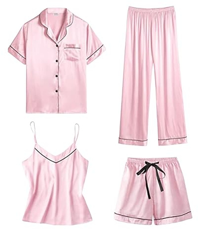 Lång pyjamas i satin för damer, 4-delat set med nattkläder i siden, pyjamas i siden för kvinnor, set med linne, byxor, skjorta samt shorts, silkeslen pyjamas för kvinnor