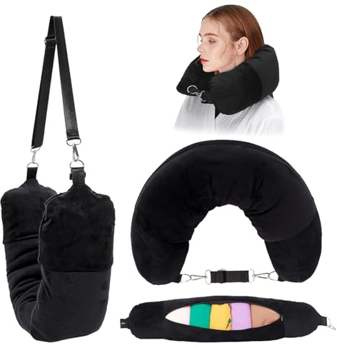 FOSDICK Almohada Viaje Rellenable Ropa, Almohada Viaje Cuello Rellenable, Cojin Cervical Avion Multifuncional Portatil con Funda Ajustable, Espacio de Almacenamiento Adicional (Negro)
