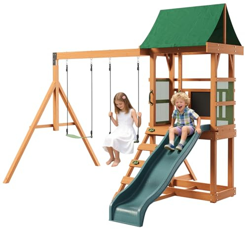 SunSwell Wood Swing Sets for Backyard - Playground Sets for Backyards, Outdoor Playset with Wave Slide, Play Deck, Rock Wall Ladder, Belt Swings, Chalkboard, Canopy Roof