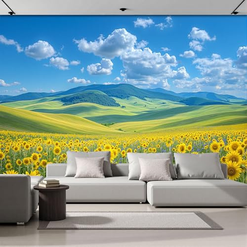 Papel Tapiz Fotográfico Montañas De Girasoles Murales, Póster Paisaje Natural De Verano Mural De Pared Papel Tapiz Fotográfico, 250x175cm Papels Pintado Tela de Seda Para Sala De Estar Dormitorio
