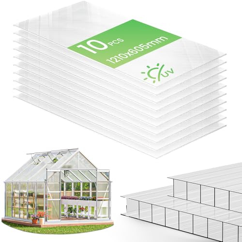 VOUNOT® Set di 10 Lastre Alveolari in Policarbonato 6mm, 60,5x121cm, Trasparente, Resistenti ai Raggi UV, Pannelli Alveolari a Doppia per Serra, Giardino, Coperture e Garage