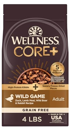 Wellness CORE+ Adult Dry Dog Food with Freeze Dried Pieces, Grain Free Kibble+, Natural, High Protein, Wild Game Duck, Lamb, Boar, and Rabbit Recipe, 4 lb Bag