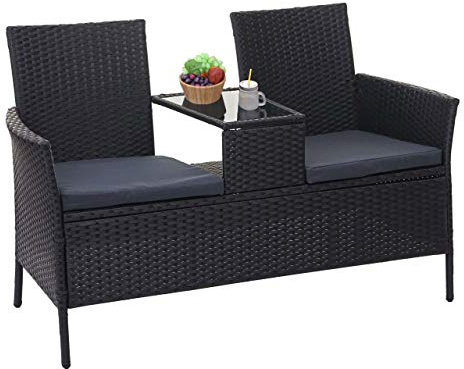 Mendler Poly-Rattan Sitzbank mit Tisch HWC-E24, Gartenbank Sitzgruppe Gartensofa, 132cm - schwarz, Kissen dunkelgrau